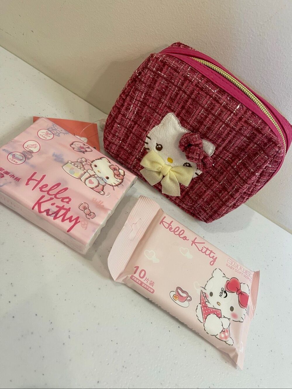 Hello Kitty Pink Cosmetic Pouch Bag + Tissues & Baby Soft Wipes Sanrio Kawaii